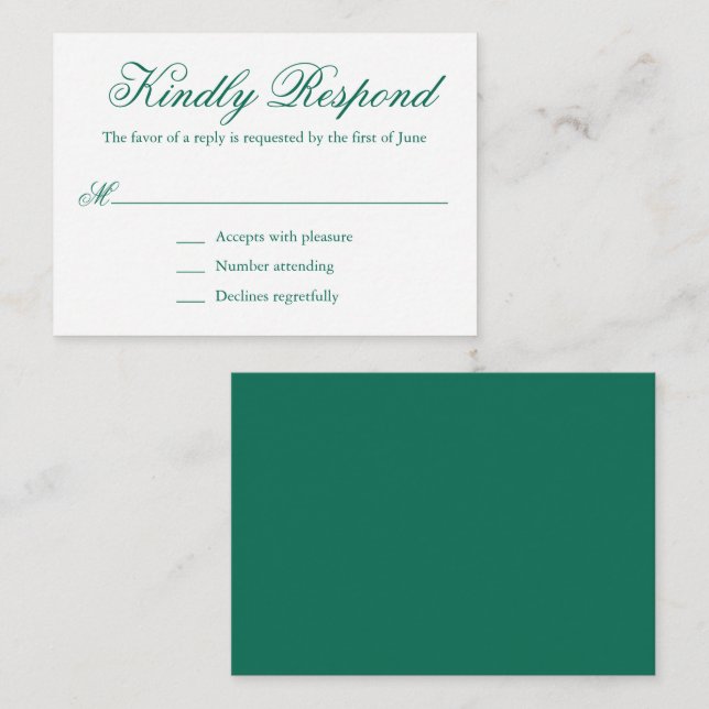 Traditional Emerald Green Formal Mini Wedding RSVP Card (Front/Back)