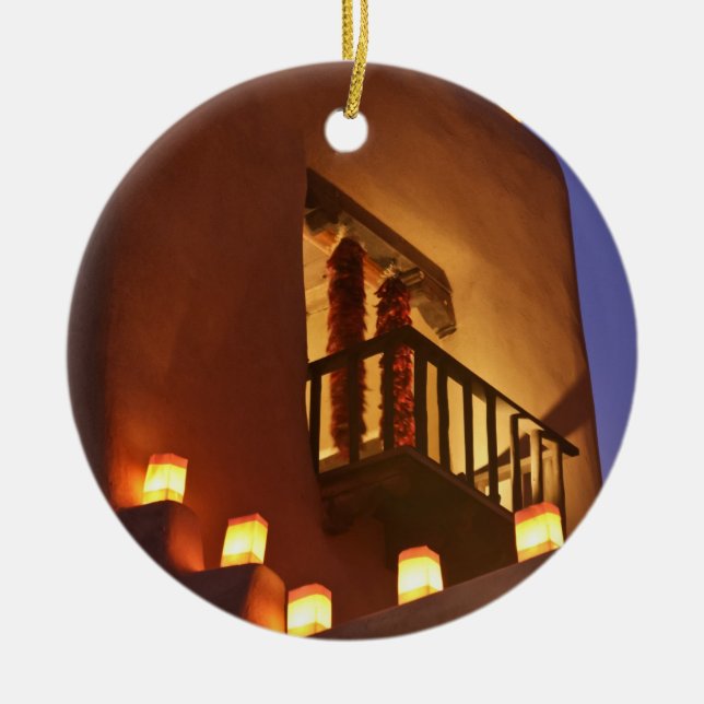 Traditional farolitos light up adobe structures ceramic tree decoration (Front)