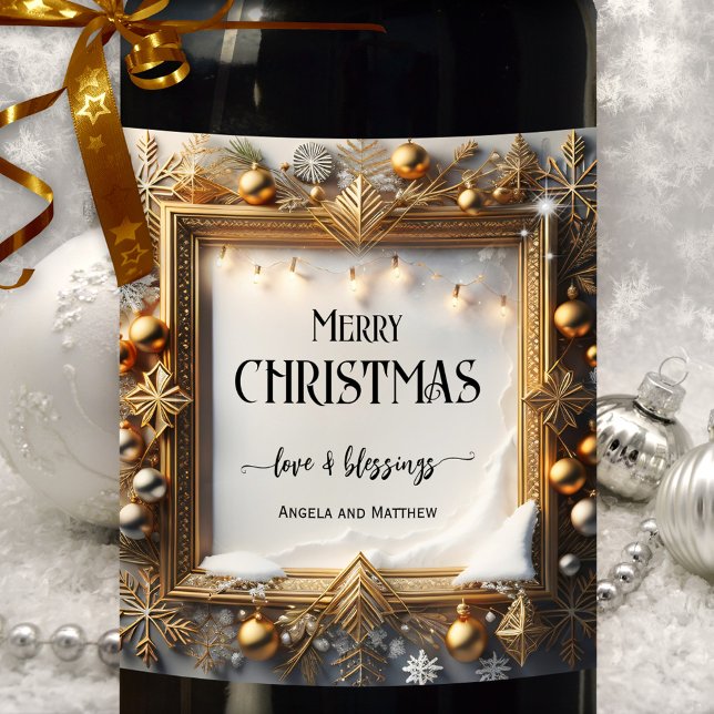 Traditional Festive Christmas Wine Label (A classic Christmas wine label showing a gold stylized frame with ornaments, snow and string lights)