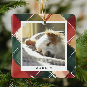 Traditional Festive Plaid Pet Photo Christmas Ceramic Ornament