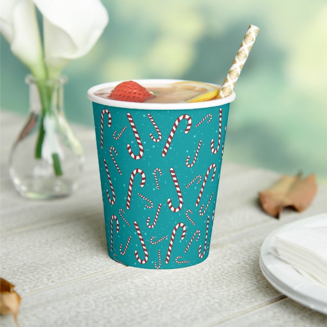 Traditional festive trendy candy cane pattern blue paper cups (Insitu)
