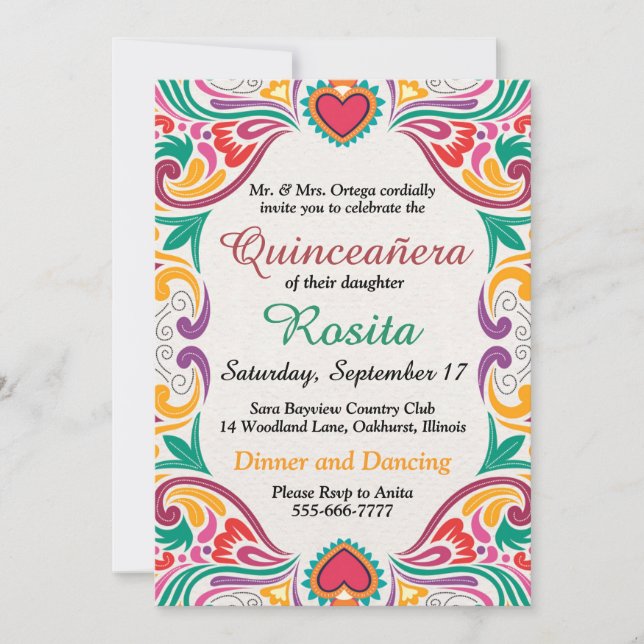 Traditional Fiesta Spanish Border Quinceanera Invitation (Front)