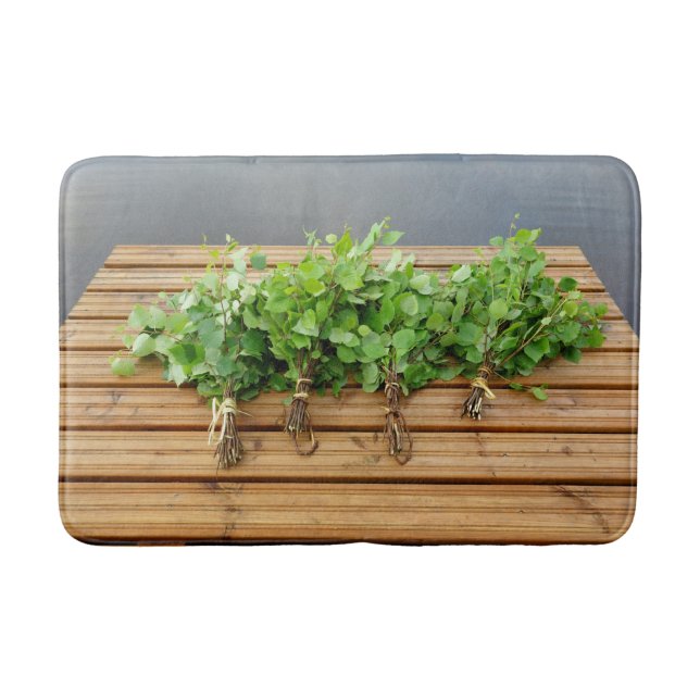 Traditional Finnish bath whisks on a jetty Bath Mat (Front)