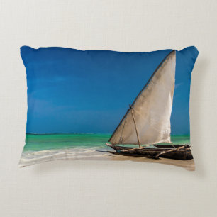 Traditional fishing boat on the beach decorative cushion
