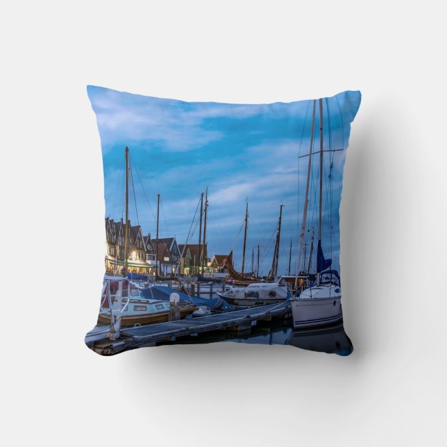 Traditional fishing town night scene cushion (Front)