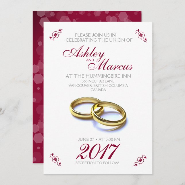 Traditional Floral and Rings Burgundy Grey Wedding Invitation (Front/Back)
