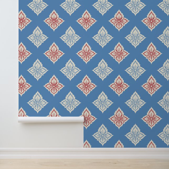 Traditional Floral Block Print Pattern Wallpaper (Application)