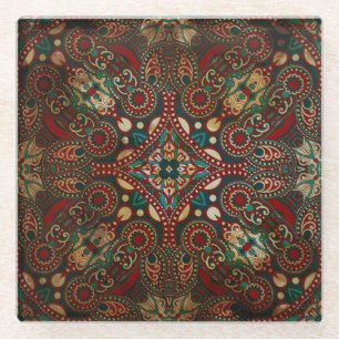 Traditional Floral Paisley Bandanna Grunge Glass Coaster