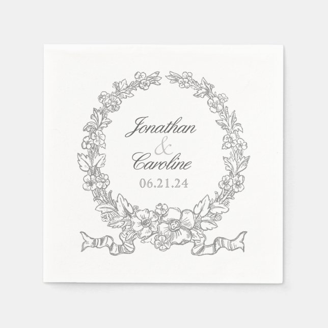 Traditional Floral Wreath | Versailles Silver Grey Napkin (Front)