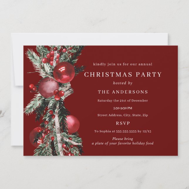 Traditional Foliage Red Christmas Party Invitation (Front)