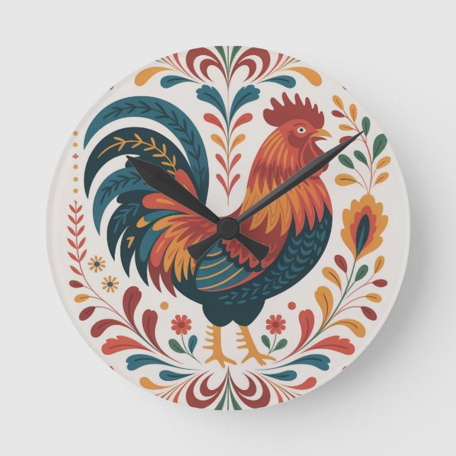 Traditional Folk Art Rooster Illustration Round Clock (Front)