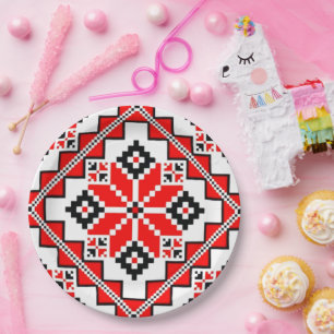 Traditional Folk Embroidery Pattern in Red and Bla Paper Plate