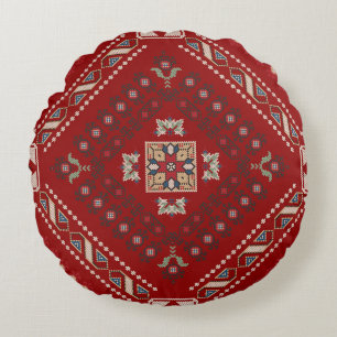 Traditional Folkloric Cross Stitch Pattern in Red Round Cushion