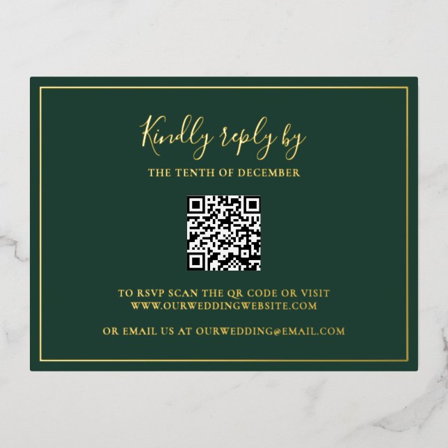 Traditional Forest Green QR Code Wedding RSVP Card (Front)