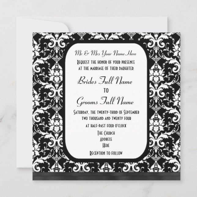 Traditional formal black and white damask wedding invitation (Front)