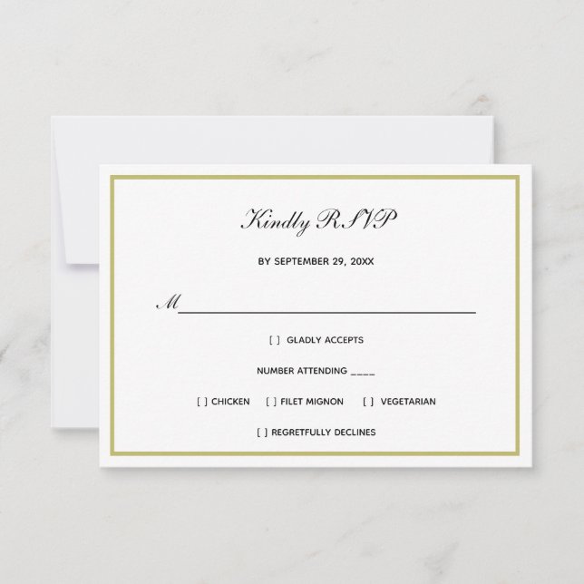Traditional Formal Black White Gold Wedding RSVP Card (Front)