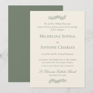 Traditional Formal Elegant Sage Green Wedding Invitation