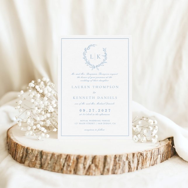 Traditional Formal Leaf Crest Dusty Blue Wedding Invitation (Creator Uploaded)