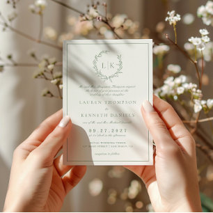 Traditional Formal Leaf Crest Sage Green Wedding Invitation
