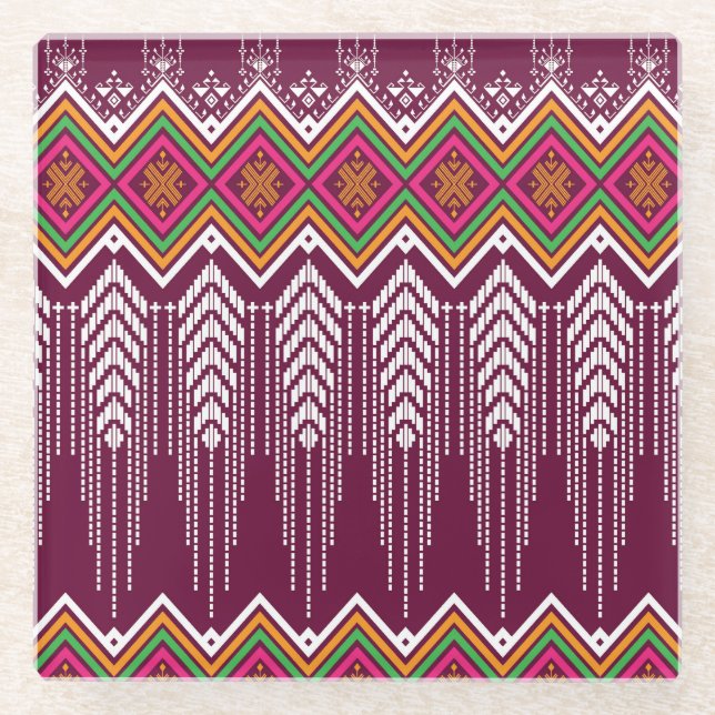 Traditional Geometric Ethnic Pattern Glass Coaster (Front)