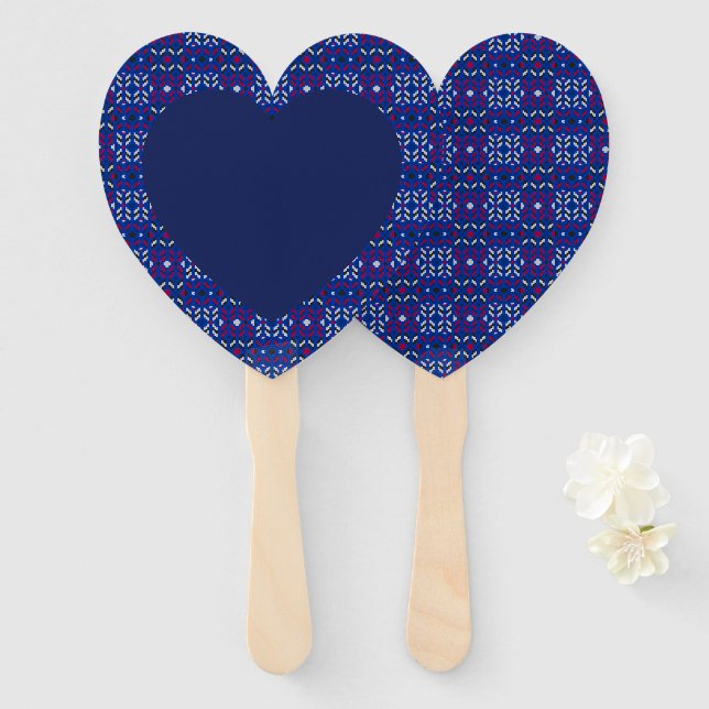 Traditional Geometric Pixel Pattern in Deep Blue  Hand Fan (Front and Back)