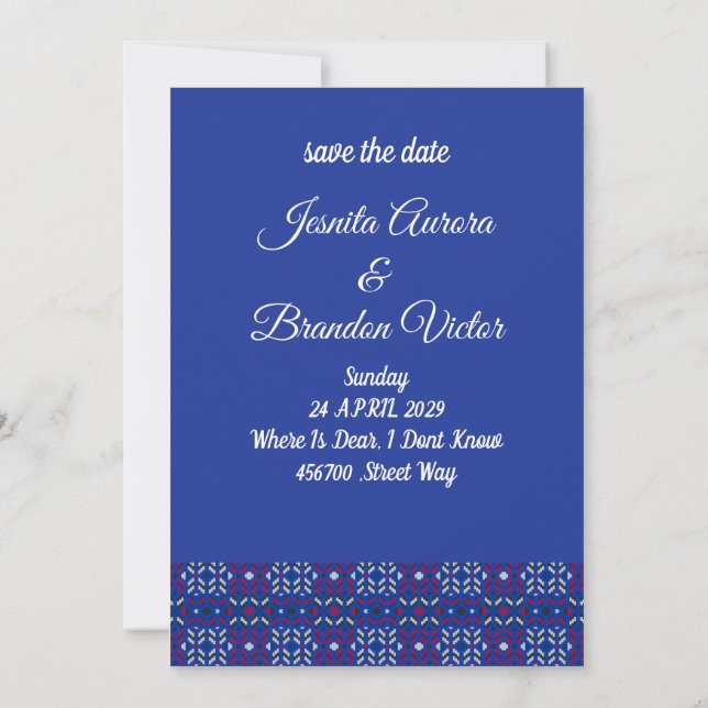 Traditional Geometric Pixel Pattern in Deep Blue  Invitation (Back)