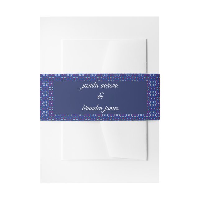 Traditional Geometric Pixel Pattern in Deep Blue  Invitation Belly Band (Front Example)