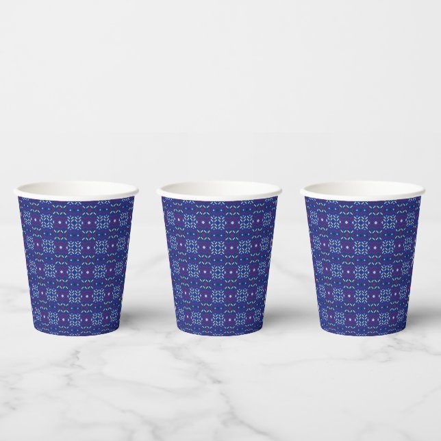 Traditional Geometric Pixel Pattern in Deep Blue  Paper Cups (Multi)