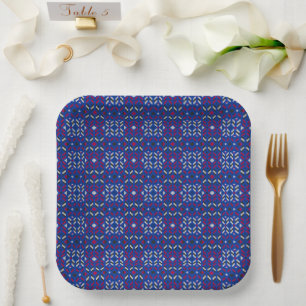 Traditional Geometric Pixel Pattern in Deep Blue  Paper Plate