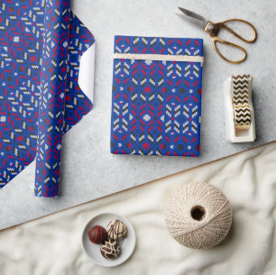 Traditional Geometric Pixel Pattern in Deep Blue  Wrapping Paper