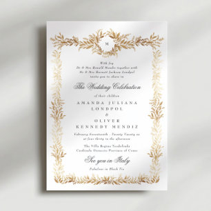 traditional gold botanical frame monogram wedding invitation