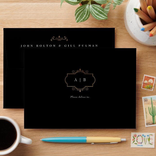 traditional gold crest monogram black whit wedding envelope (Desk)