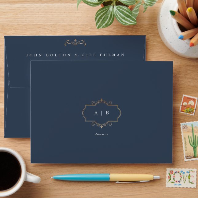 traditional gold crest monogram navy blue wedding envelope (Desk)
