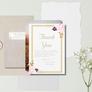 Traditional Gold Frame Rustic Roses Photo Wedding Thank You Card