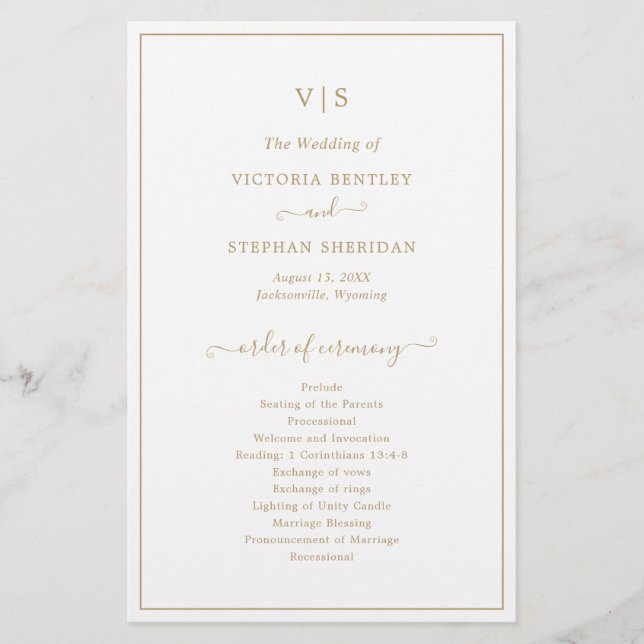 Traditional Gold Monogram Budget Wedding Program Flyer (Front)
