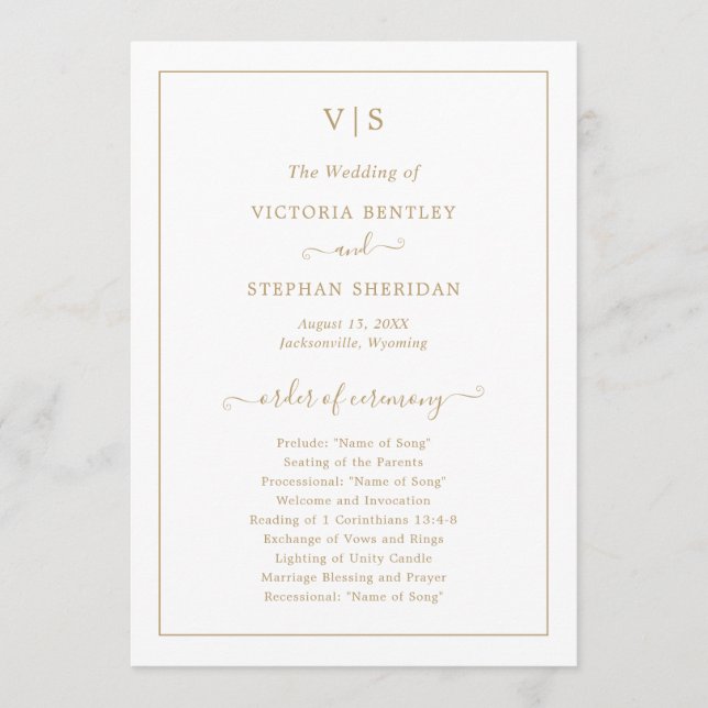 Traditional Gold Monogram Elegant Wedding Programme (Front)