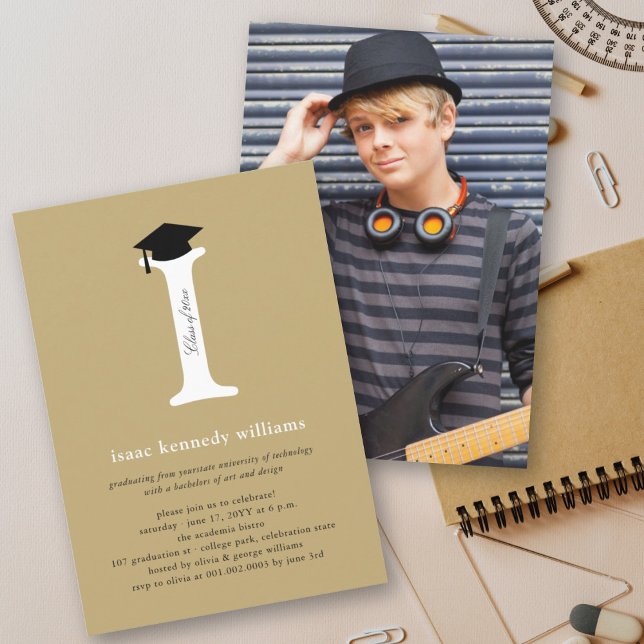 Traditional Gold Monogram 'I' Black Grad Cap Invitation (Creator Uploaded)