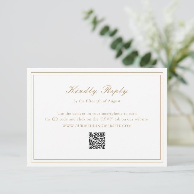 Traditional Gold QR Code Timeless Wedding RSVP Card (Standing Front)