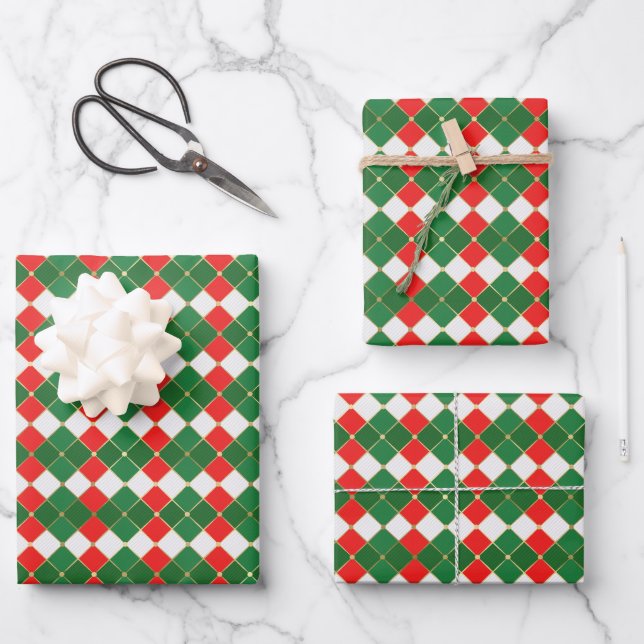 Traditional gold red green white argyle plaid wrapping paper sheet (Front)