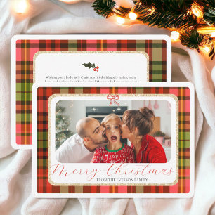 Traditional Gold Red Plaid Photo Merry Christmas Holiday Card