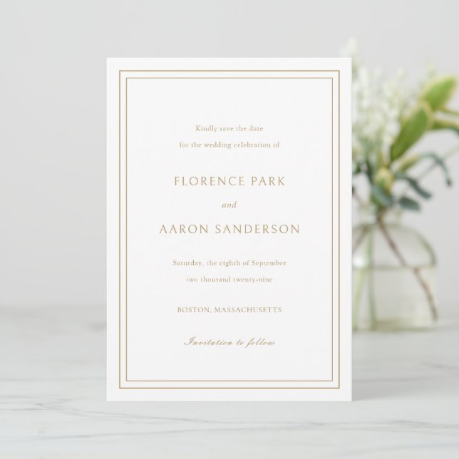 Traditional Gold Timeless Wedding Save The Date (Standing Front)