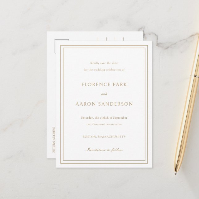 Traditional Gold Timeless Wedding Save the Date Announcement Postcard (Front/Back In Situ)