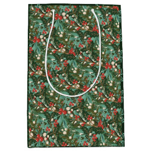 Traditional Green Botanical Holiday Christmas Medium Gift Bag