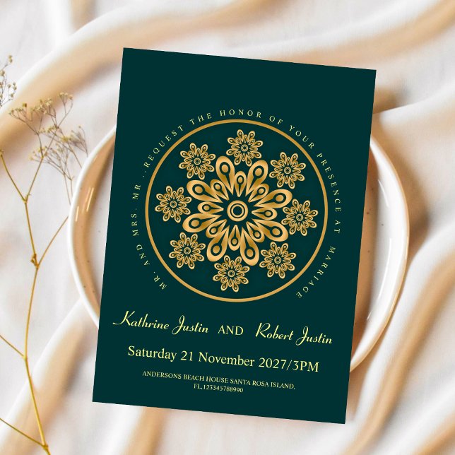 Traditional GREEN GOLD Mandala Indian wedding Invitation (Creator Uploaded)
