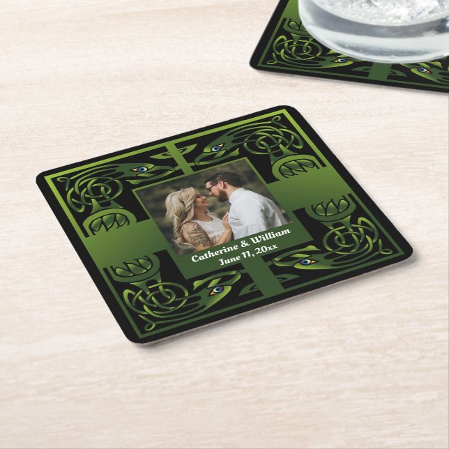 Traditional Green Irish Celtic Design    Square Paper Coaster (Angled)