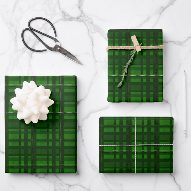 Traditional green madras plaid pattern holiday wrapping paper sheet (Front)