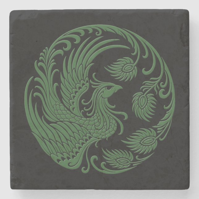 Traditional Green Phoenix Circle on Black Stone Coaster (Front)