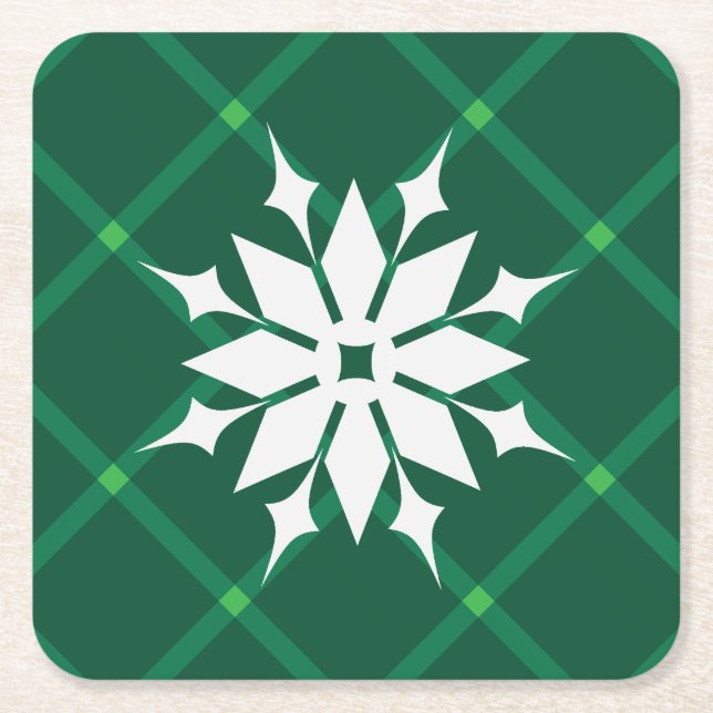 Traditional green plaid winter snowflake square paper coaster (Front)