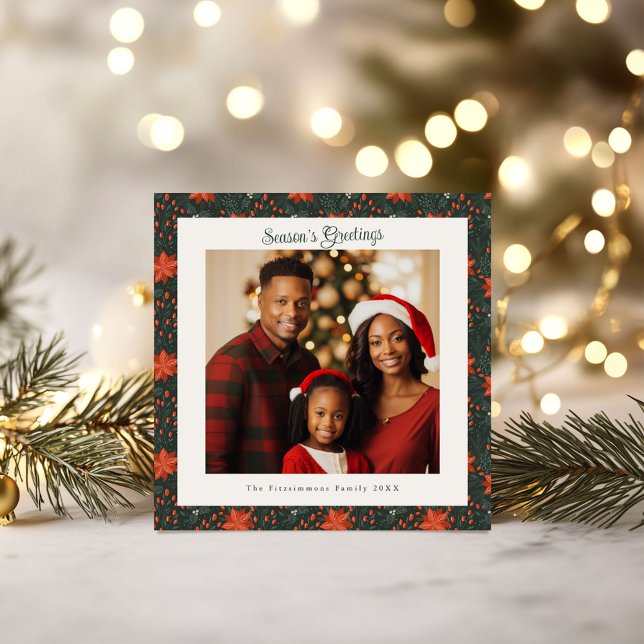 Traditional Green & Red Poinsettia Photo Christmas Card (Poinsettia Season Square Christmas Card forest green)