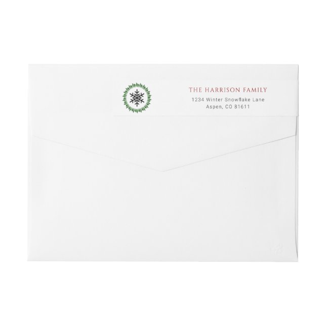 Traditional Green Wreath Snowflake Return Address Wrap Around Label (Back)